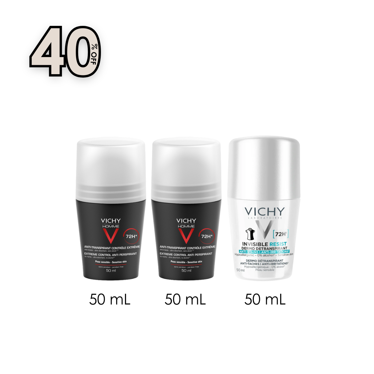 Homme Extreme Control 72H Anti-Perspirant Roll-On Deodorant x2 + Invisible Resist Anti-Stain Anti-Perspirant 72HR 50 ML