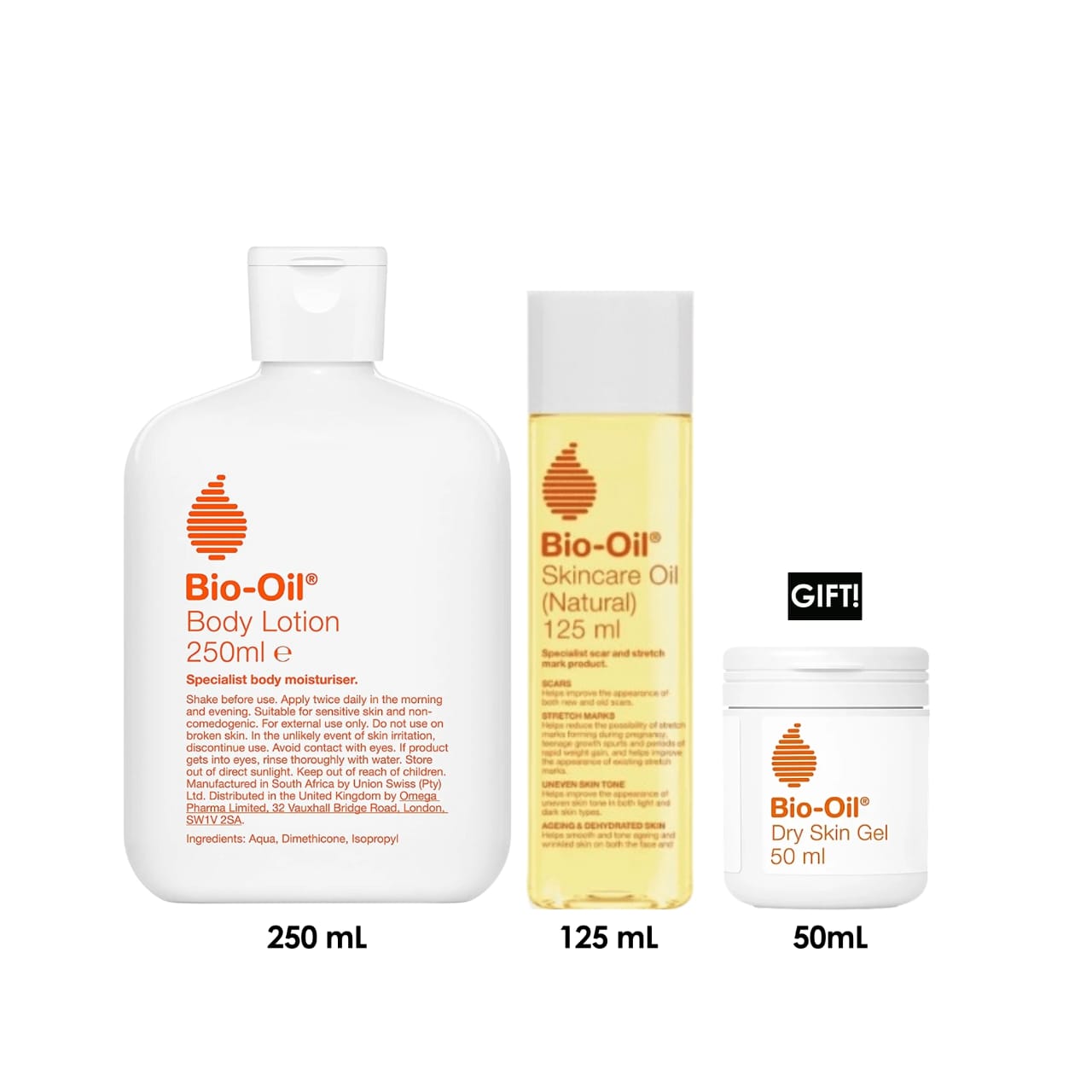 Body Lotion 250ml + Skincare Oil (Natural) 125ml + Free Gift Dry Skin Gel 50ml