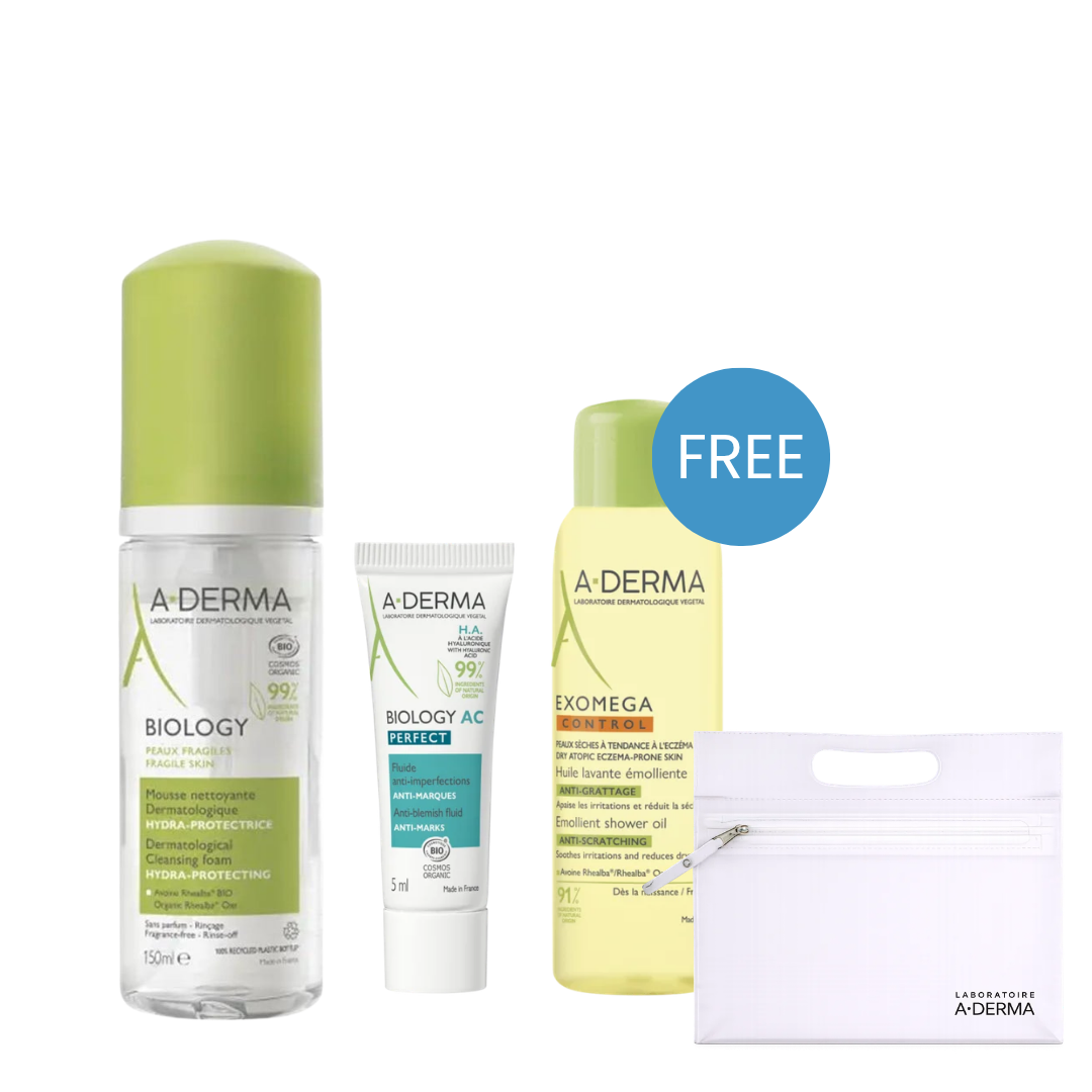 Buy Aderma Biology Dermatological Cleansing Foam Hydra-Protecting 150 ml & Get Free Gift - A-Derma Exomega Control Shower Oil 25mL + Gift - A-Derma Biology AC Anti-Marks Fluid 5mL + Gift - A-Derma Pouch