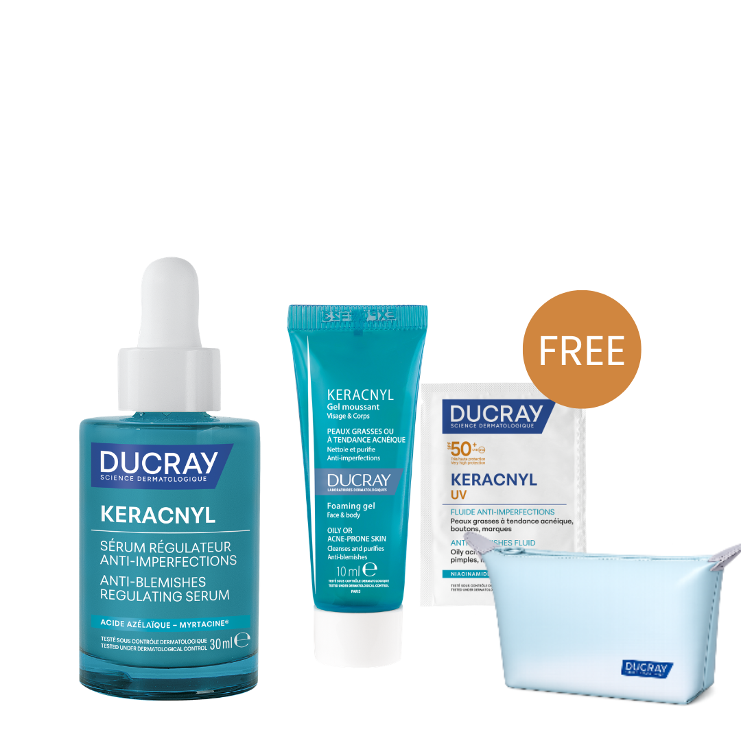 Buy Keracnyl Anti-Blemishes Regulating Serum 30 ML & Get Free Gift - Keracnyl Foaming Gel 15 Ml + Gift - Keracnyl UV SPF50+ Anti-blemishes Fluid 5mL + Gift - Ducray Pouch