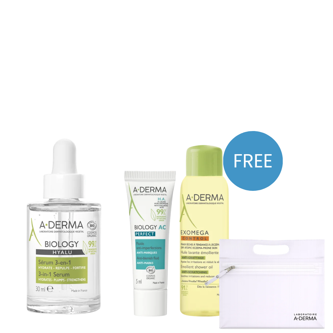 Buy Biology Hyalu 3 in 1 Serum 30 ML & Get Free Gift - A-Derma Exomega Control Shower Oil 25mL + Gift - A-Derma Biology AC Anti-Marks Fluid 5mL + Gift - A-Derma Pouch