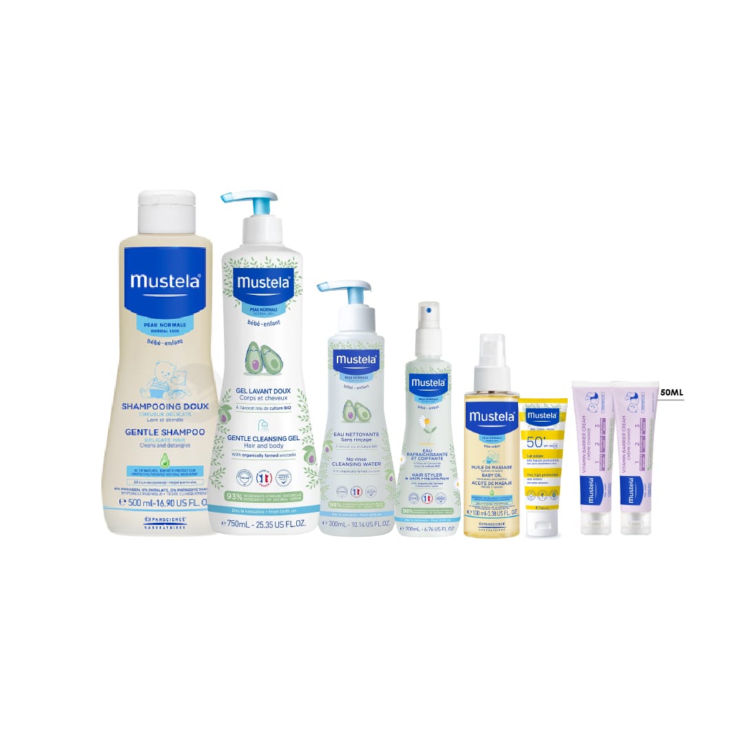 Gentle Shampoo 500 ML + Gentle Cleansing Gel 750 ML + Baby Oil With Massage Oil 100 ML + 2x Vitamin Barrier Cream + Very Hight Protection SPF50+ 100ML + Skin Freshener 200 ML + Free Gifts