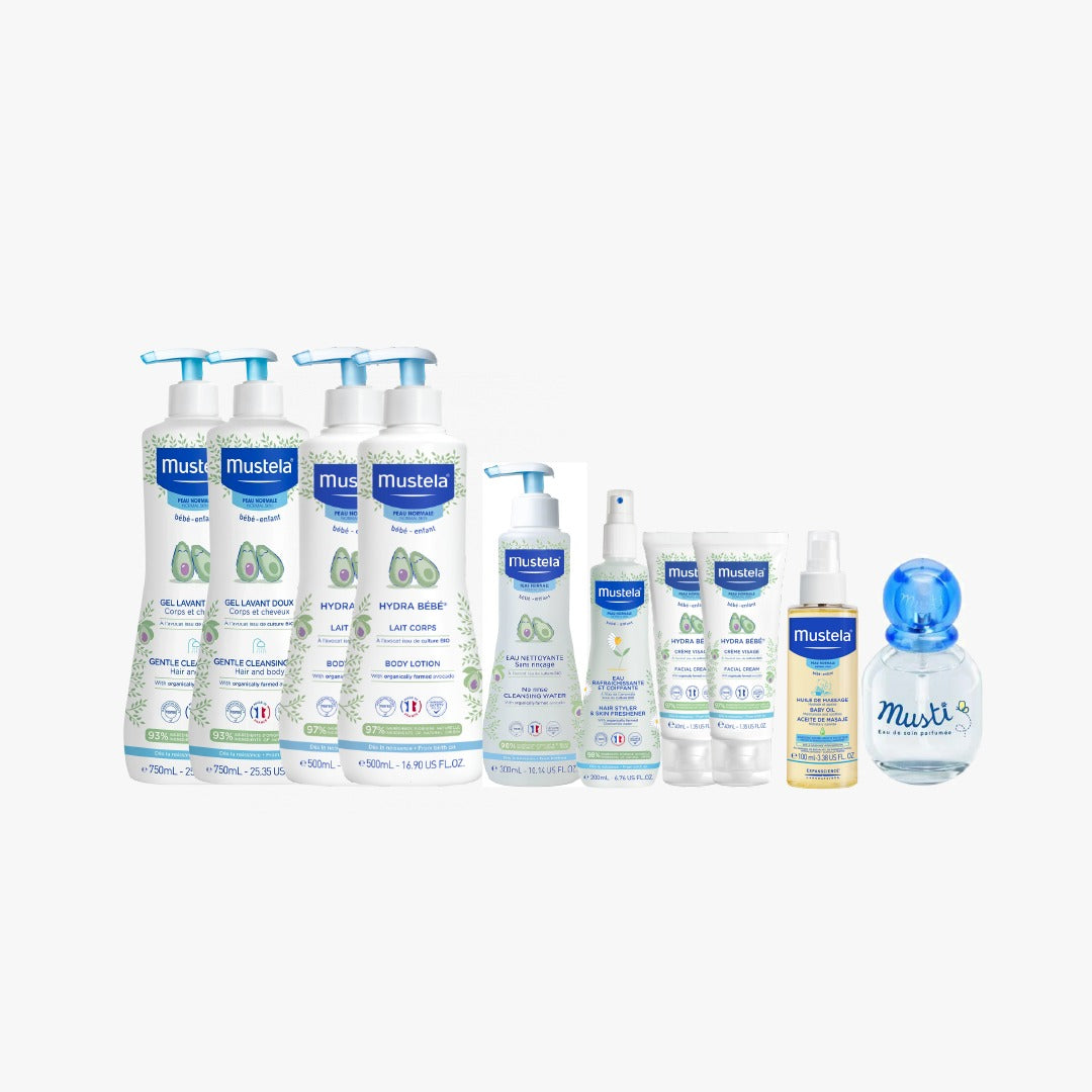 2x Gentle Cleansing Gel 750 ML + 2x Hydra Bebe Body Lotion 500 ML + Skin Freshener 200 ML + No Rinse Cleansing Water 300 ML + 2x Hydra Bebe Face Cream 40 ML + Baby Oil With Massage Oil 100ML + Musti Eau Soin Delicate Fragrance 50 ML + Free Gifts