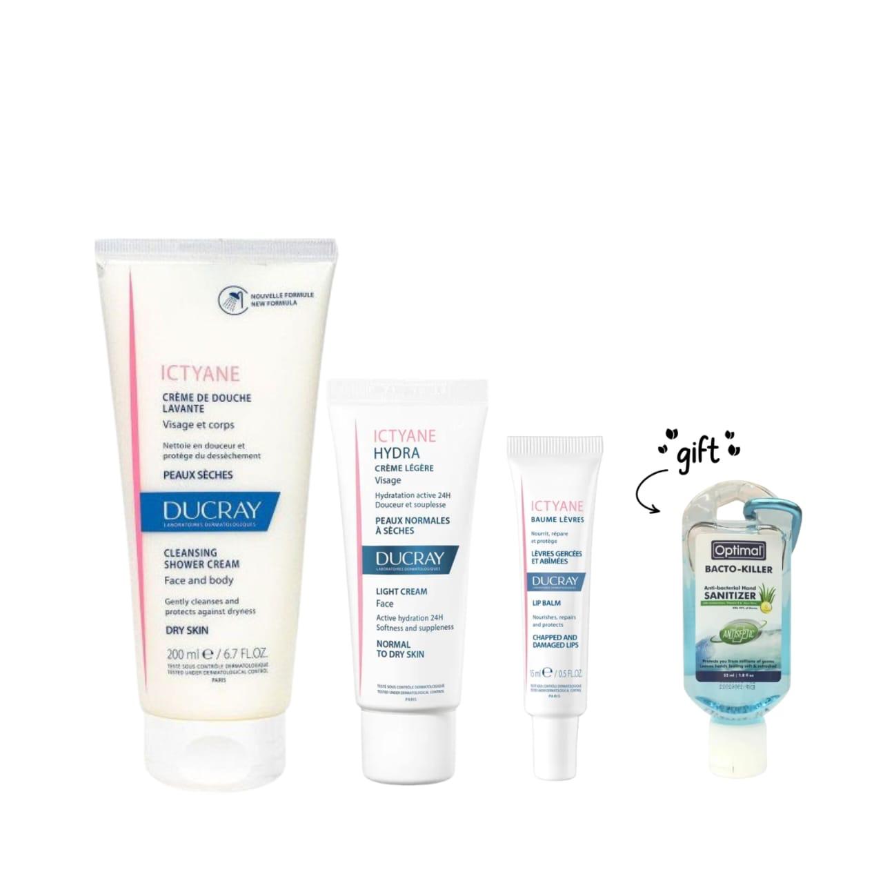 Ictyane Cleansing Shower Cream - Face and Body + Ictyane Hydra Light Face Cream + Ictyane Lip Balm - Chapped and Damaged Lips + Free Gift