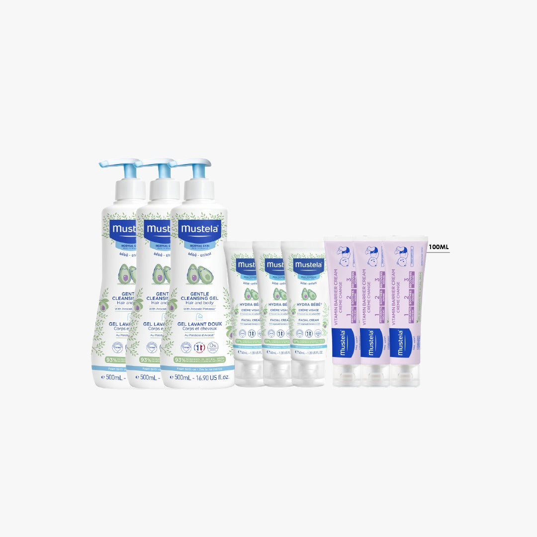 3x Gentle Cleansing Gel 500 ML +3x Mustela Hydra Bebe Face Cream 40 ML +3x Vitamin Barrier Cream 100 ML + Free Gifts