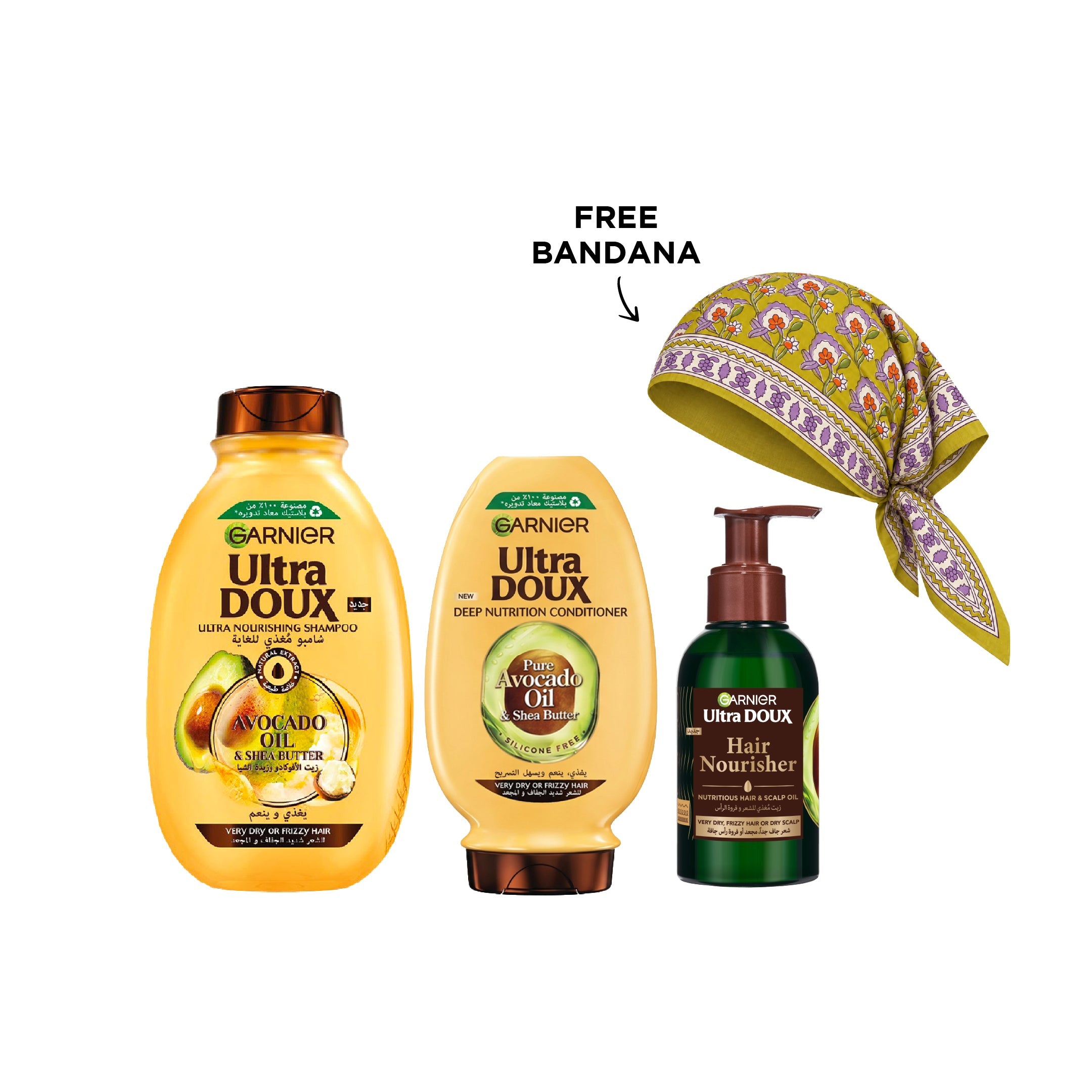 Ultra Doux Avocado Moment shampoo conditioner hair nourisher and bandana gift bundle