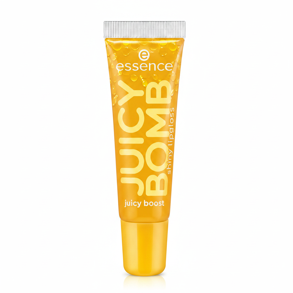 A squeeze tube of essence Juicy Bomb Shiny Lipgloss in the 'Juicy Boost' shade, featuring a bright yellow-orange body with a matching yellow cap and white text, set against a plain white background.