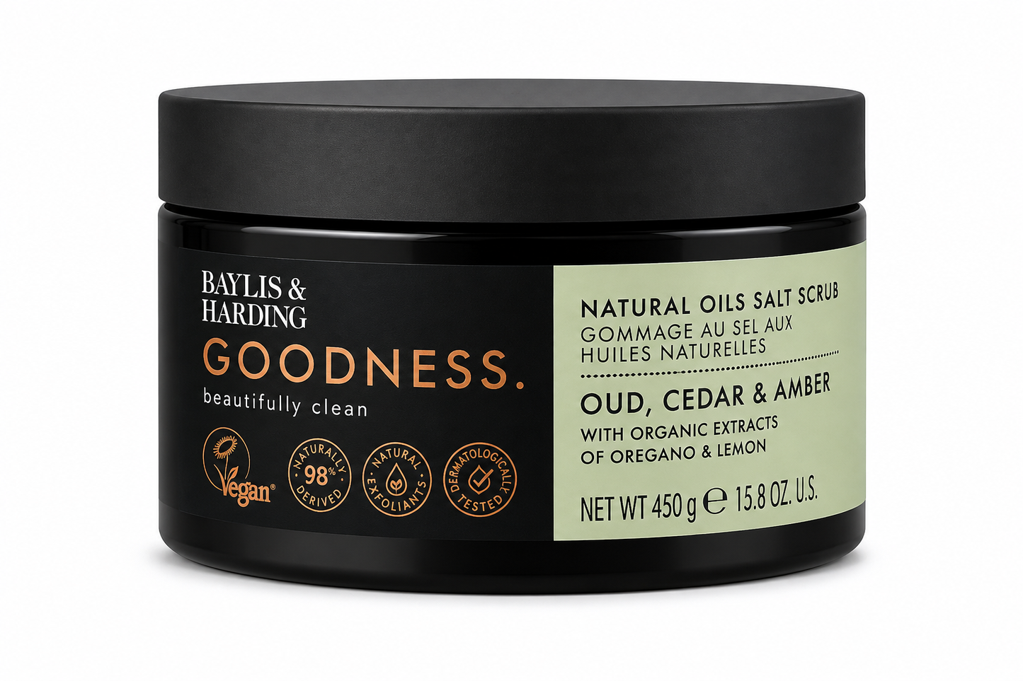 Baylis & Harding Goodness Oud, Cedar & Amber Natural Oils Salt Scrub 450g