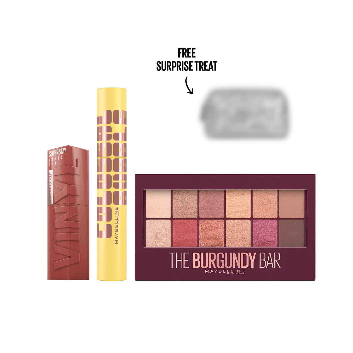 Maybelline Glamoween Bold Glam – Burgundy Bar Palette + Colossal Bubble Mascara + Vinyl Ink + Secret GWP promotional packshot with mystery gift