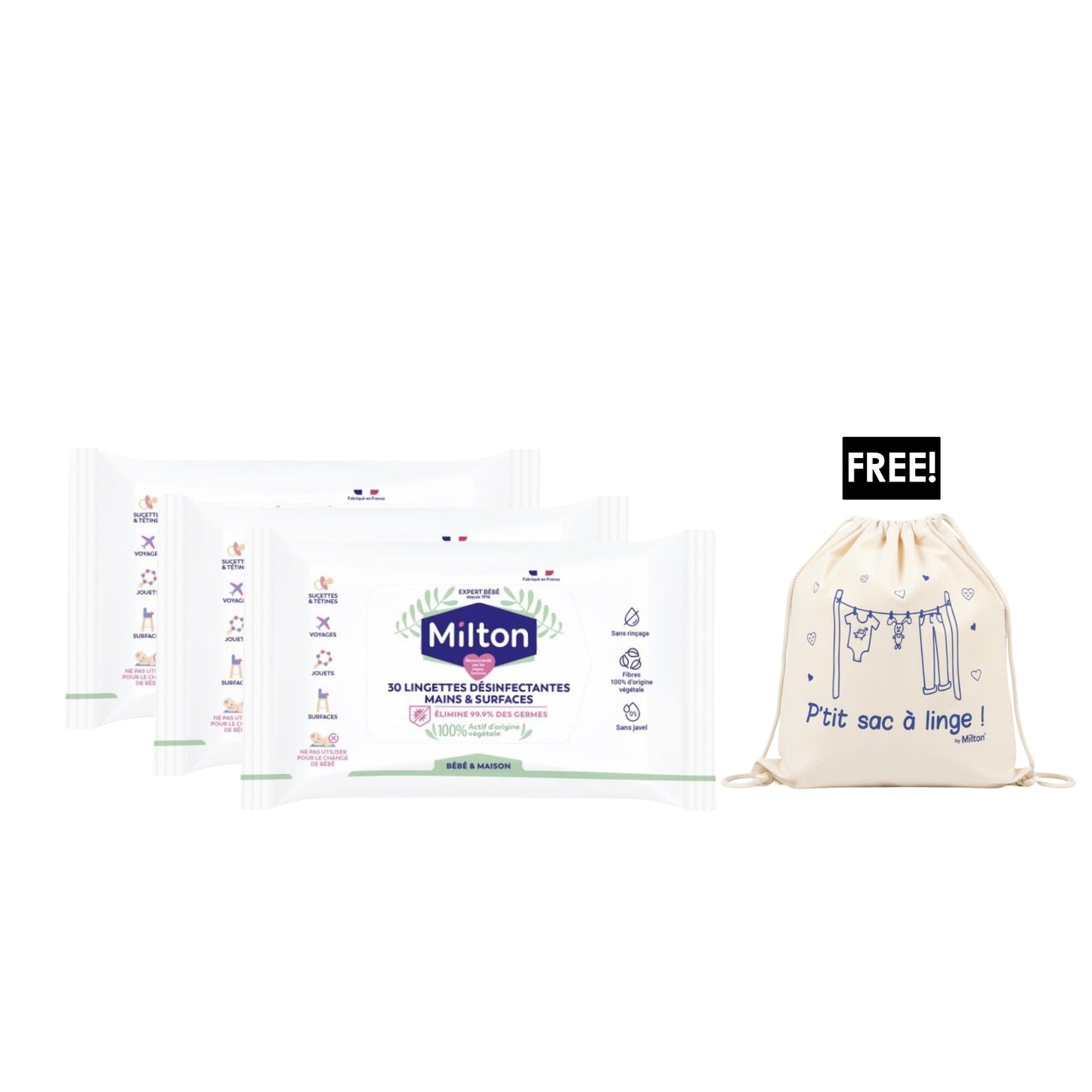 3 x 30 Lingettes Désinfectantes De Surface + Free Bag