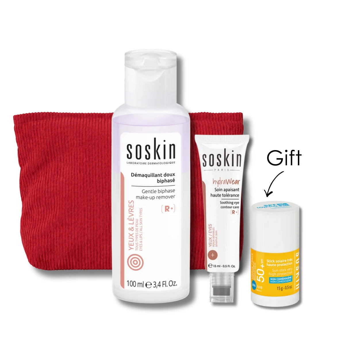 Hydrawear Soothing Eye Contour Care + Gentle Bi-Phase Make-Up Remover 100 ML + Free Sun Stick Very High Protection 15g + Free Red Pouch