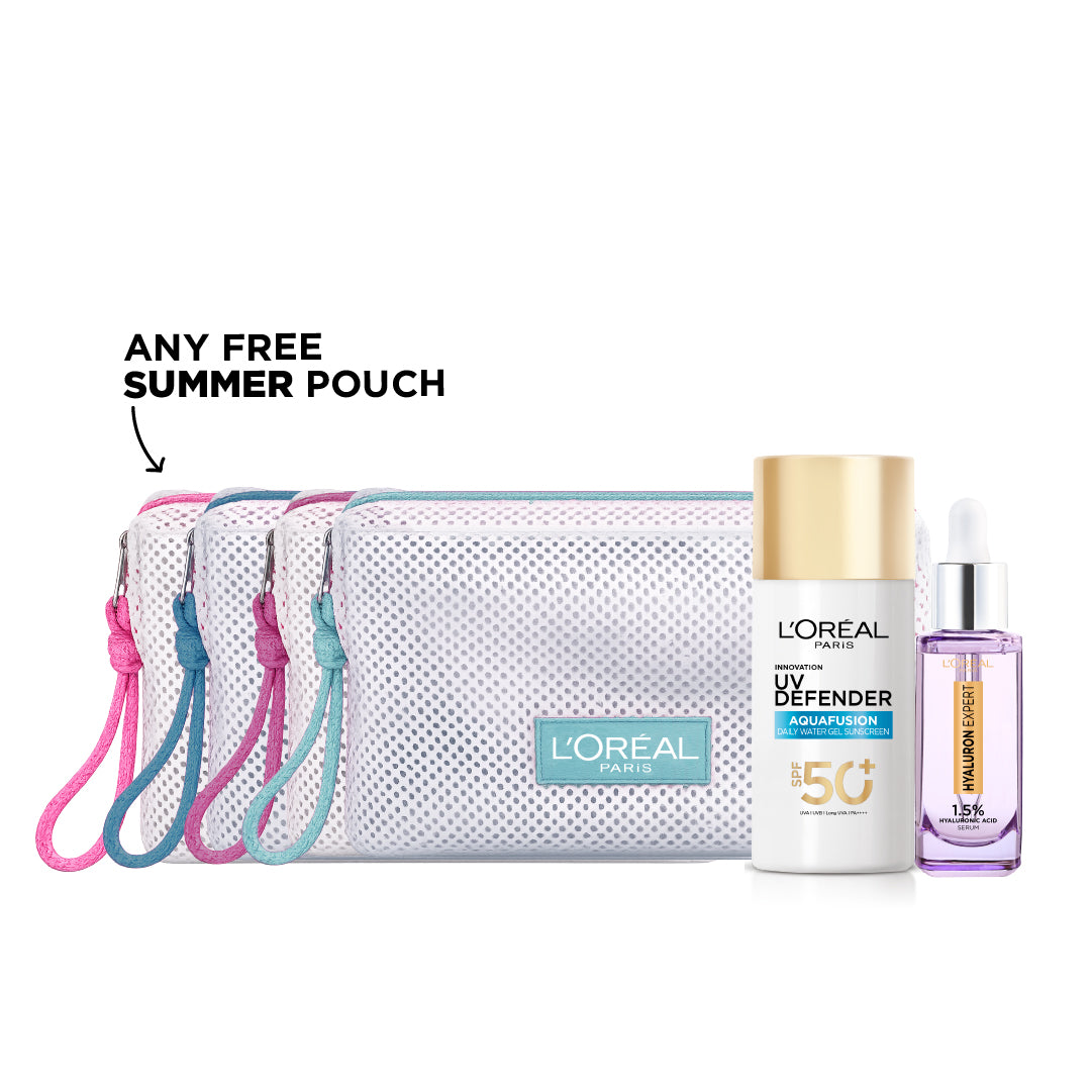 Buy UV Defender Aquafusion 50 ML + Hyaluron Expert Moisturizer and Anti-Aging Plumping Serum with Hyaluronic Acid & Get Free Gift - Summer Pouch