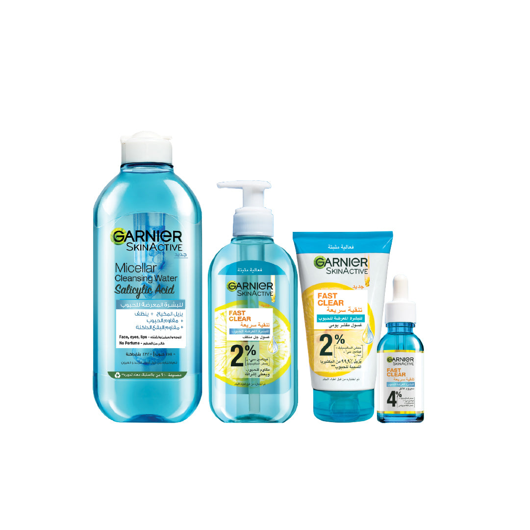 Fast Clear Micellar Water With Salicylic Acid For Acne Prone Skin + Anti Acne Gel Wash 200 ML + Exfoliating Wash Anti Acne 150 ML + Fast Clear 4% Salicylic Acid, Vitamin C, Niacinamide, AHA - Anti-Acne Treatment Booster Serum