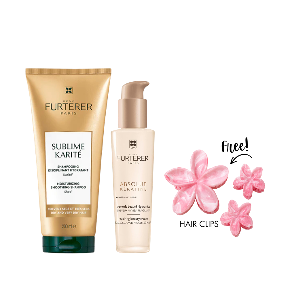 Absolue Kératine, Sublime Renewal Cream - Leave-In 100 ML + Sublime Karité Moisturizing Soothing Shampoo 200 ML + Gift - Pink Bohemian Hair Clips