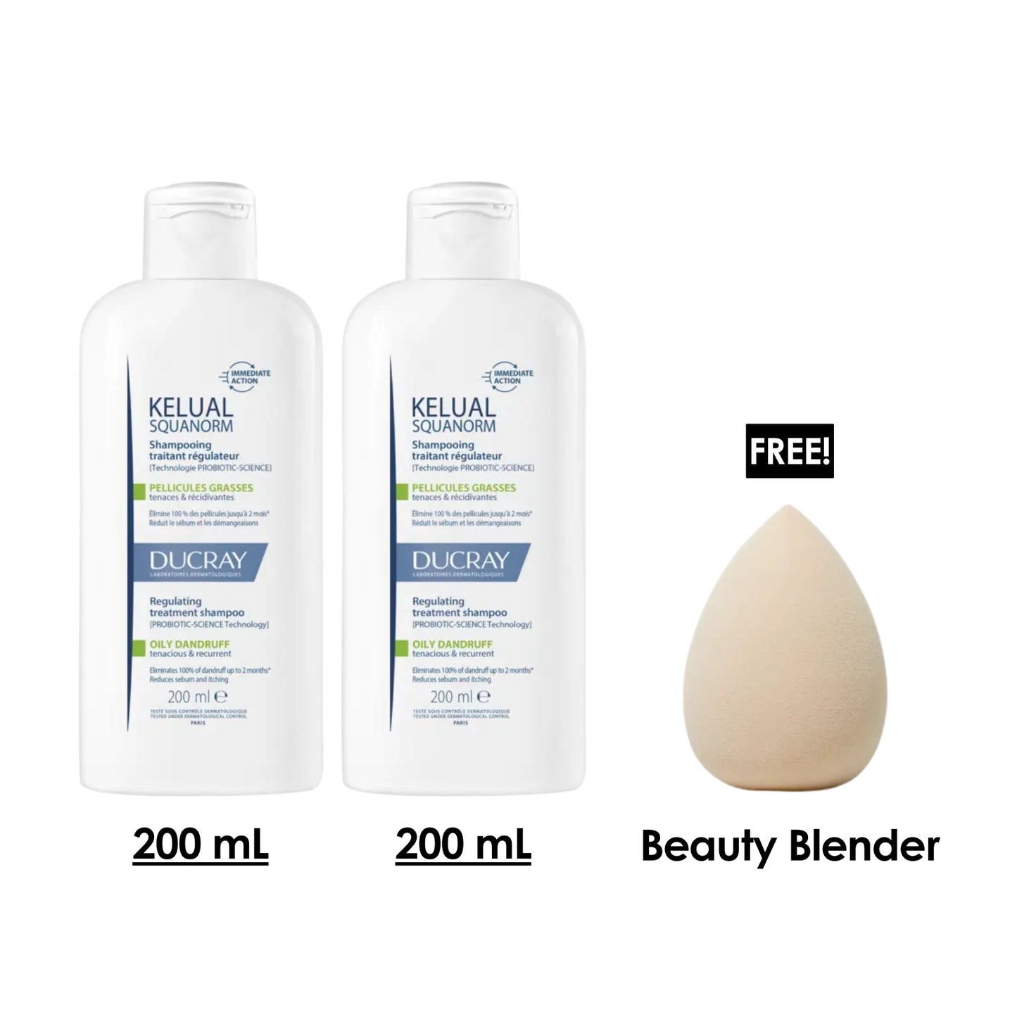 2 x Kelual Squanorm Shampooing Traitant Régulateur Pellicules Grasses 200 ML + Free Beauty Blender
