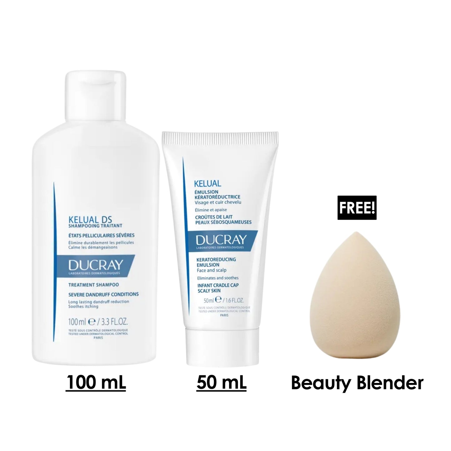 Kelual DS Anti-Dandruff Shampoo + Kelual Kerato-Reducing Emulsion - Face and Scalp + Free Beauty Blender