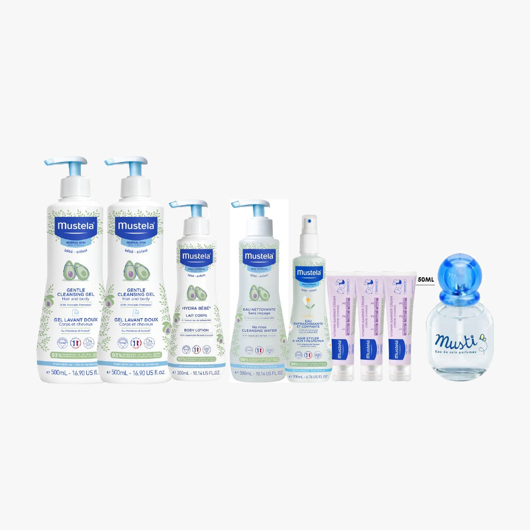 2x Gentle Cleansing Gel 500 ML + Hydra Bebe Body Lotion 300 ML + No Rinse Cleansing Water 300 ML + Skin Freshener 200 ML + 3x Vitamin Barrier Cream 50 ML + Musti Eau Soin Delicate Fragrance 50 ML + Free Gifts