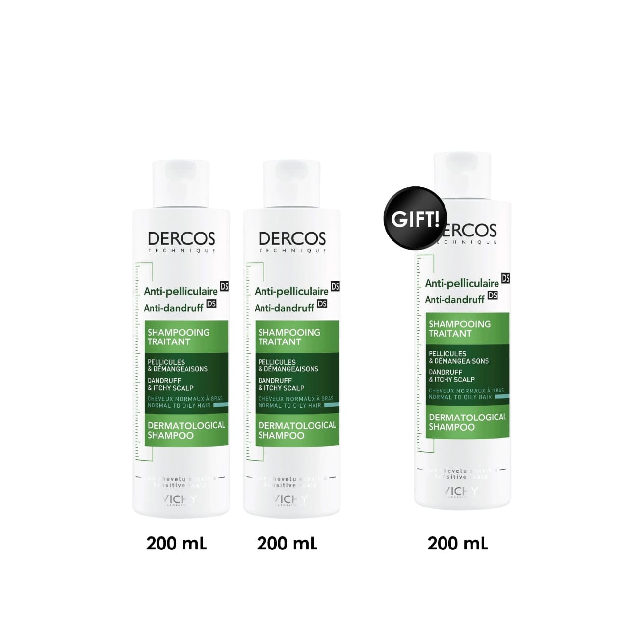 Dercos Anti-Dandruff Treatment Shampoo for Normal to Oily Hair 3-Pack (2 + 1 Free)