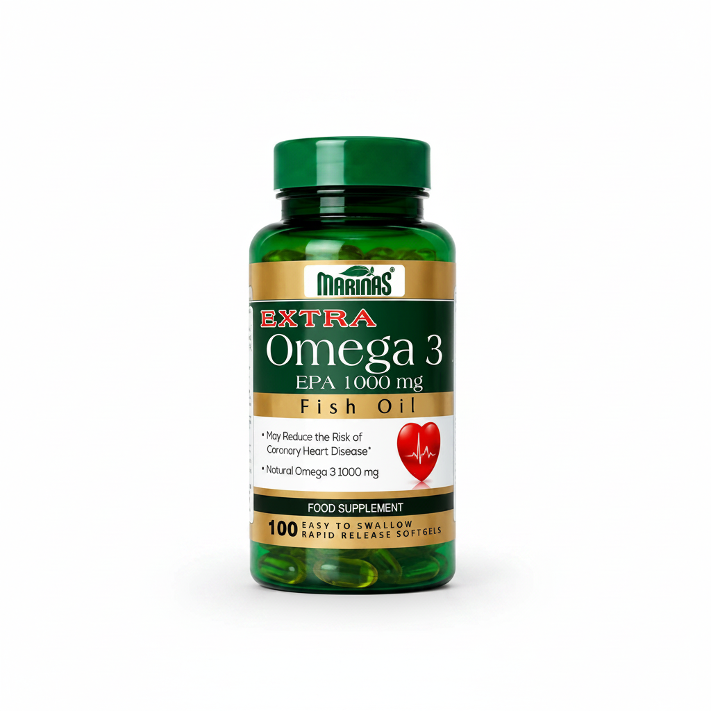 A green bottle of Marina's Extra Omega 3 EPA 1000 mg Fish Oil food supplement, containing 100 easy-to-swallow rapid release softgels, shown on a white background.