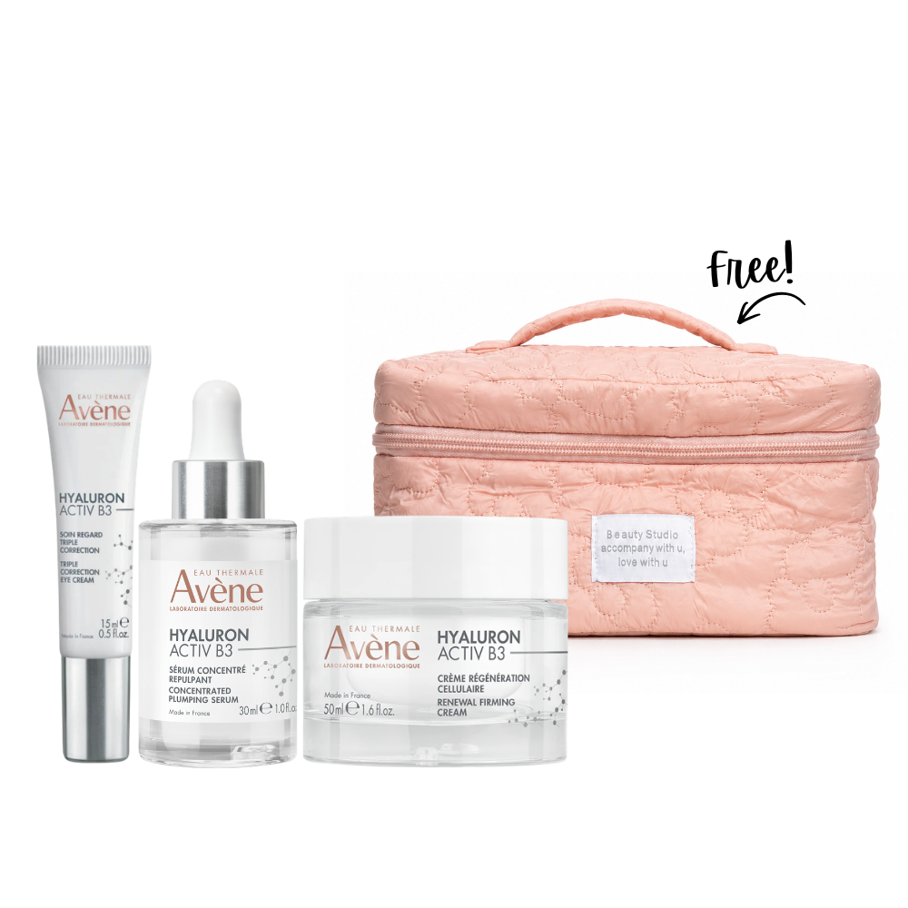 Hyaluron Activ B3 Triple Correction Eye Care 15ML + Hyaluron Activ B3 Concentrated Plumping Serum 30 ML + Hyaluron Activ B3 Renewal Firming Cream 50 ML + Gift - Pink Makeup Pouch