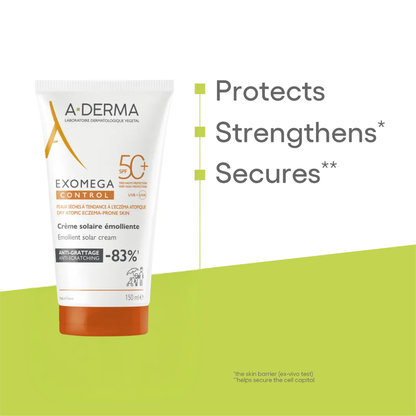 A-Derma Exomega Control SPF50+ Sun Cream 150ml + 2 FREE Exomega Shower Oils 25mL & Pouch