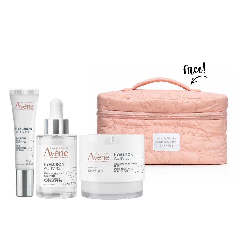 Hyaluron Activ B3 Multi-intensive Night Cream 40 ML + Hyaluron Activ B3 Triple Correction Eye Care 15ML + Hyaluron Activ B3 Concentrated Plumping Serum 30 ML + Gift - Pink Makeup Pouch