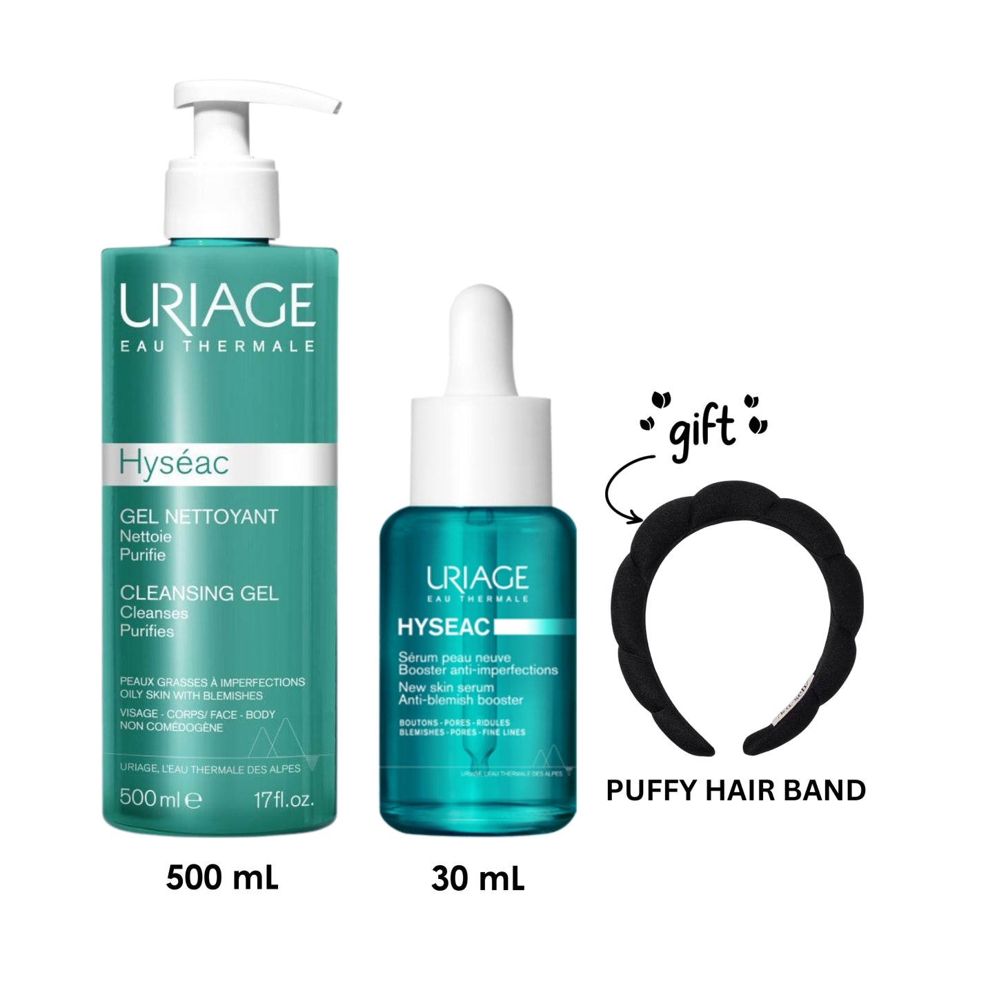Hyséac Cleansing Gel 500 ML + Hyseac New Skin Serum Anti-Blemish Booster + FREE Headband