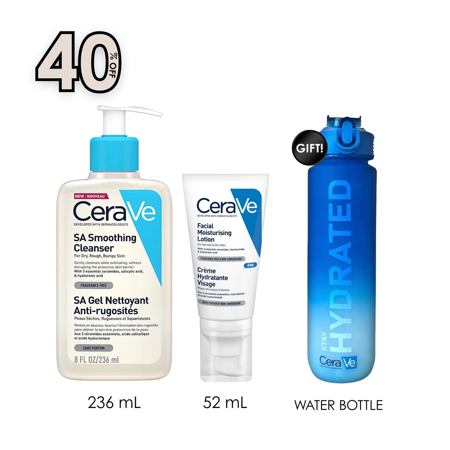 SA Smoothing Cleanser For Normal, Dry And Rough Skin + PM Facial Moisturizing Lotion + Free Water Bottle