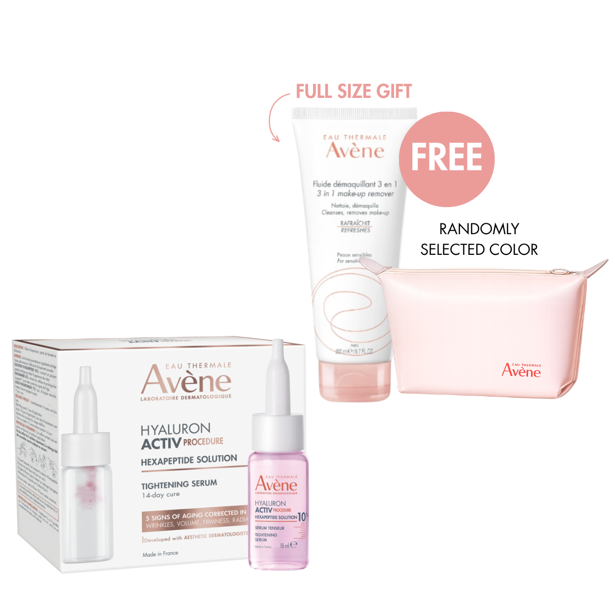 Avène Hyaluron Activ Procedure Hexapeptide Solution Tightening Serum 14-Day Cure + FREE Full-Size Makeup Removing Milk + Pouch