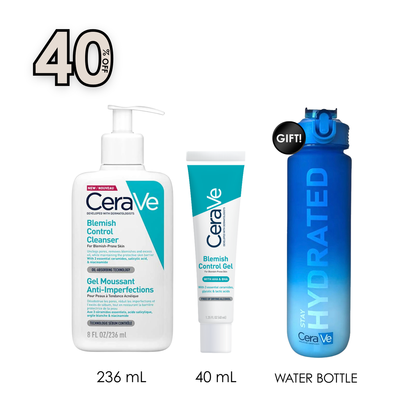 Blemish Control Cleanser Face Wash For Acne & Blemish Prone Skin with 2% Salicylic Acid, Niacinamide and Ceramides + Blemish Control Gel 40 ML + Free Water Bottle