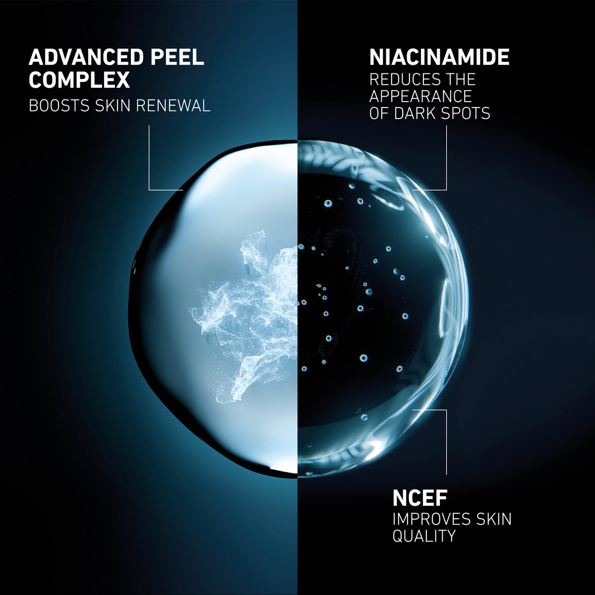 Illustration of a droplet with text about skincare benefits on a dark background