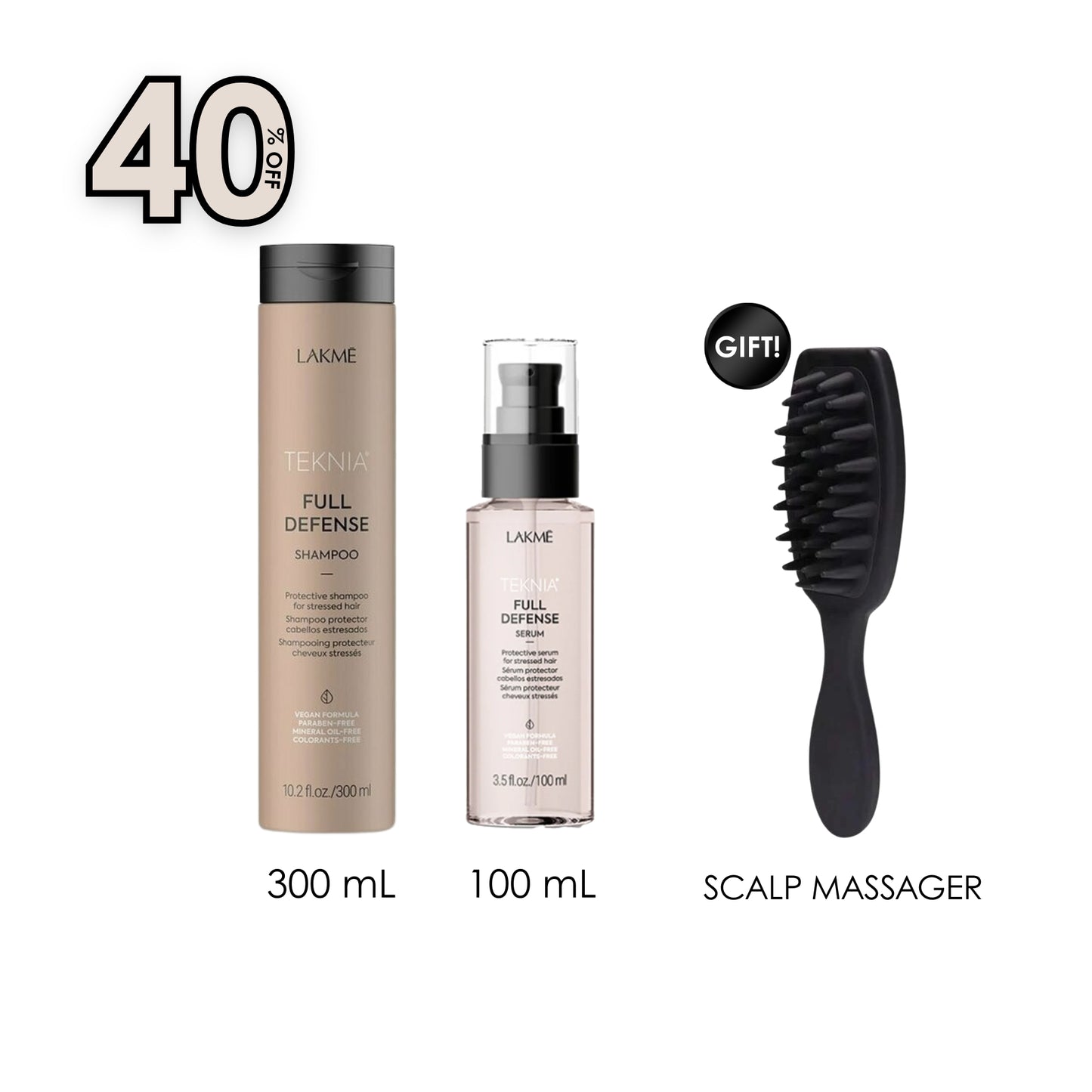 Teknia Full Defense Shampoo 300 ML + Full Defense Serum 100 ML + Free Gift Hand-Held Scalp Massager