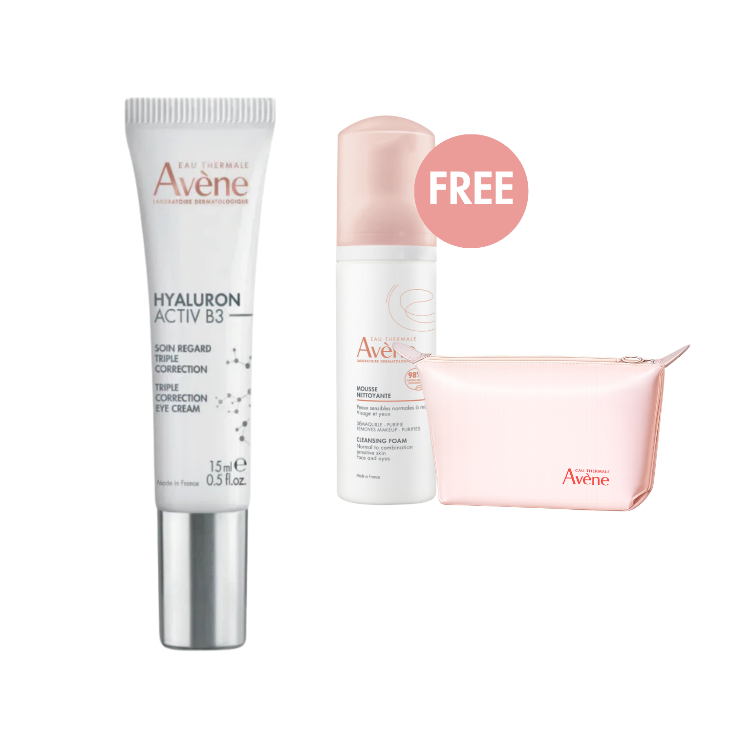 Avène Hyaluron Activ B3 Triple Correction Eye Cream 15 ml Bundle + FREE Cleansing Foam & Toiletry Bag