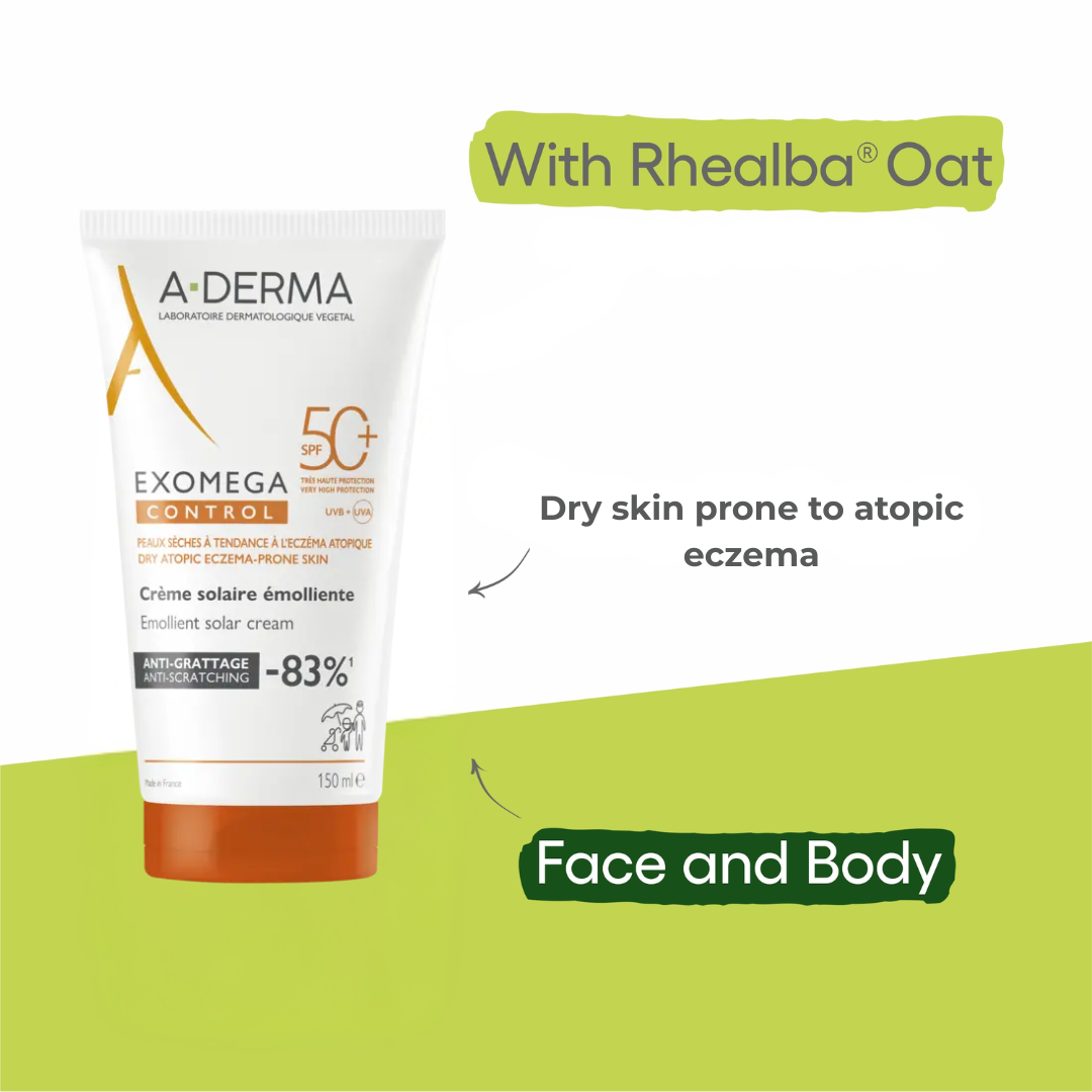 A-Derma Exomega Control SPF50+ Sun Cream 150ml + 2 FREE Exomega Shower Oils 25mL & Pouch