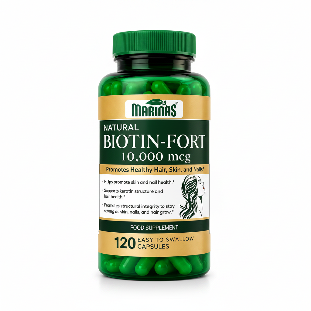 A green bottle of Marinas Biotin-Fort 10,000 mcg food supplement, containing 120 easy-to-swallow capsules, shown on a plain white background.