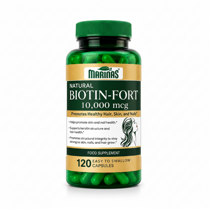 A green bottle of Marinas Biotin-Fort 10,000 mcg food supplement, containing 120 easy-to-swallow capsules, shown on a plain white background.