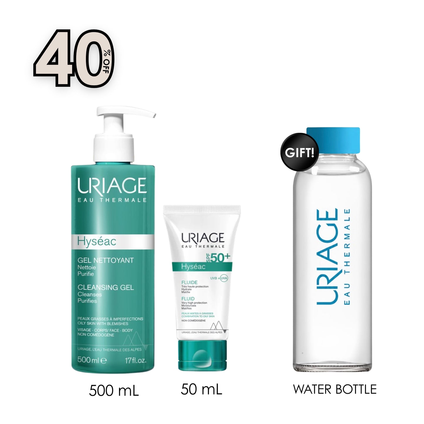 Hyséac Cleansing Gel 500 ML + Hyséac Fluid SPF50+ - Combination to Oily Skin + Free  Stay Hydrated with this Chic Water Bottle