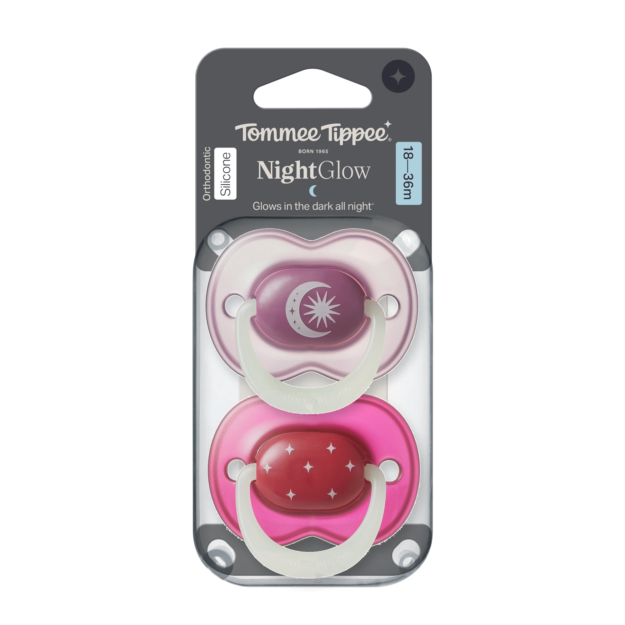 Night Glow Orthodontic Silicone X2 Soothers 18-36M Girl