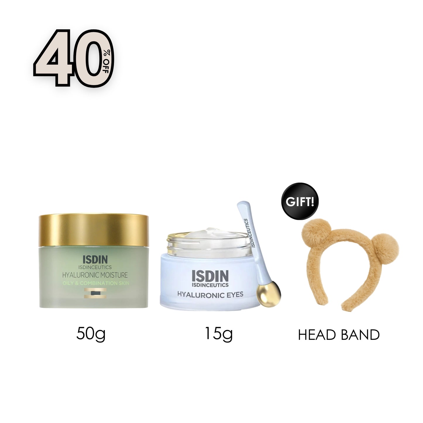 Isdinceutics Hyaluronic Moisture for Oily & Combination Skin + Hyaluronic Eyes 15 G + Free Gift Cozy Bear Headband