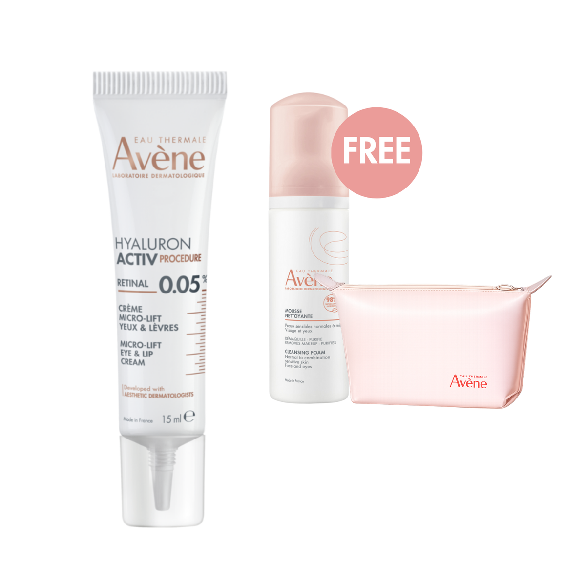 Avène Hyaluron Activ Procedure Retinal 0.05% Micro-Lift Eye & Lip Cream 15 ml Bundle + FREE Cleansing Foam & Toiletry Bag