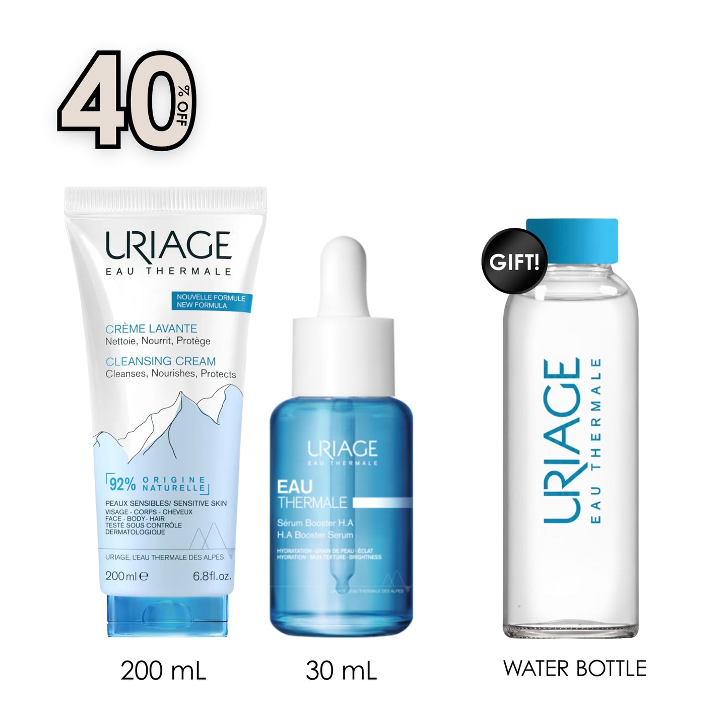 Cleansing Cream - Sensitive Skin 200 ML + Eau Thermale H.A. Booster Serum + Free Stay Hydrated with this Chic Water Bottle