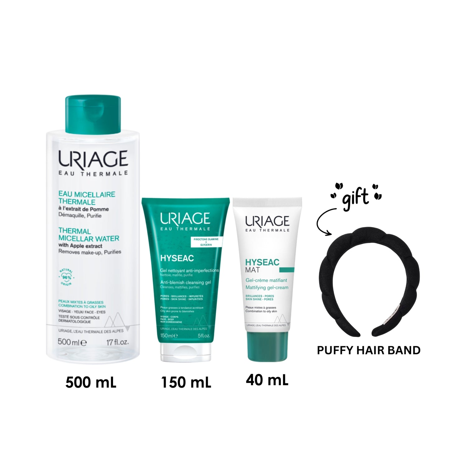 Thermal Micellar Water Combination To Oily Skins 500 ML + Hyséac Cleansing Gel 150 ML + Hyseac Mat Gel-Crème Matifiant + FREE Headband