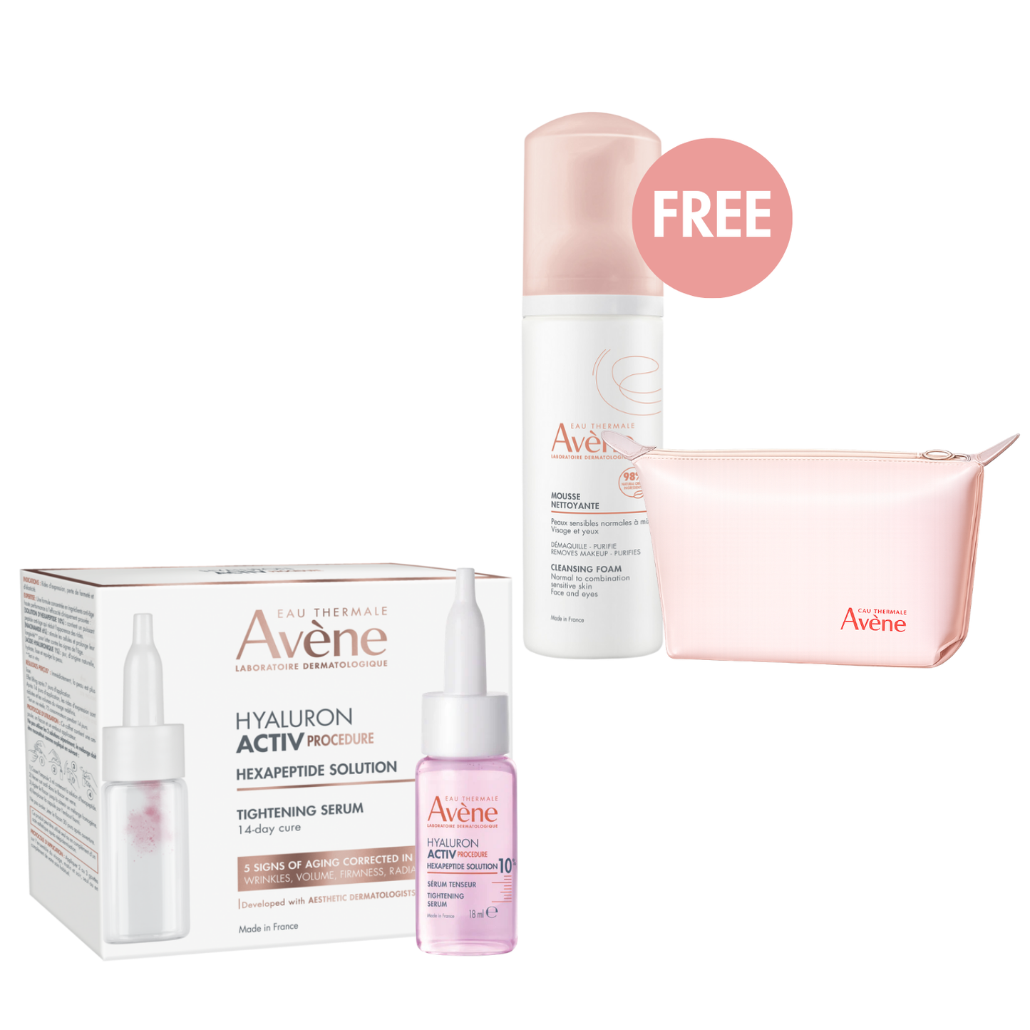 Avène Hyaluron Activ Procedure Hexapeptide Solution Tightening Serum Bundle + FREE Cleansing Foam & Toiletry Bag