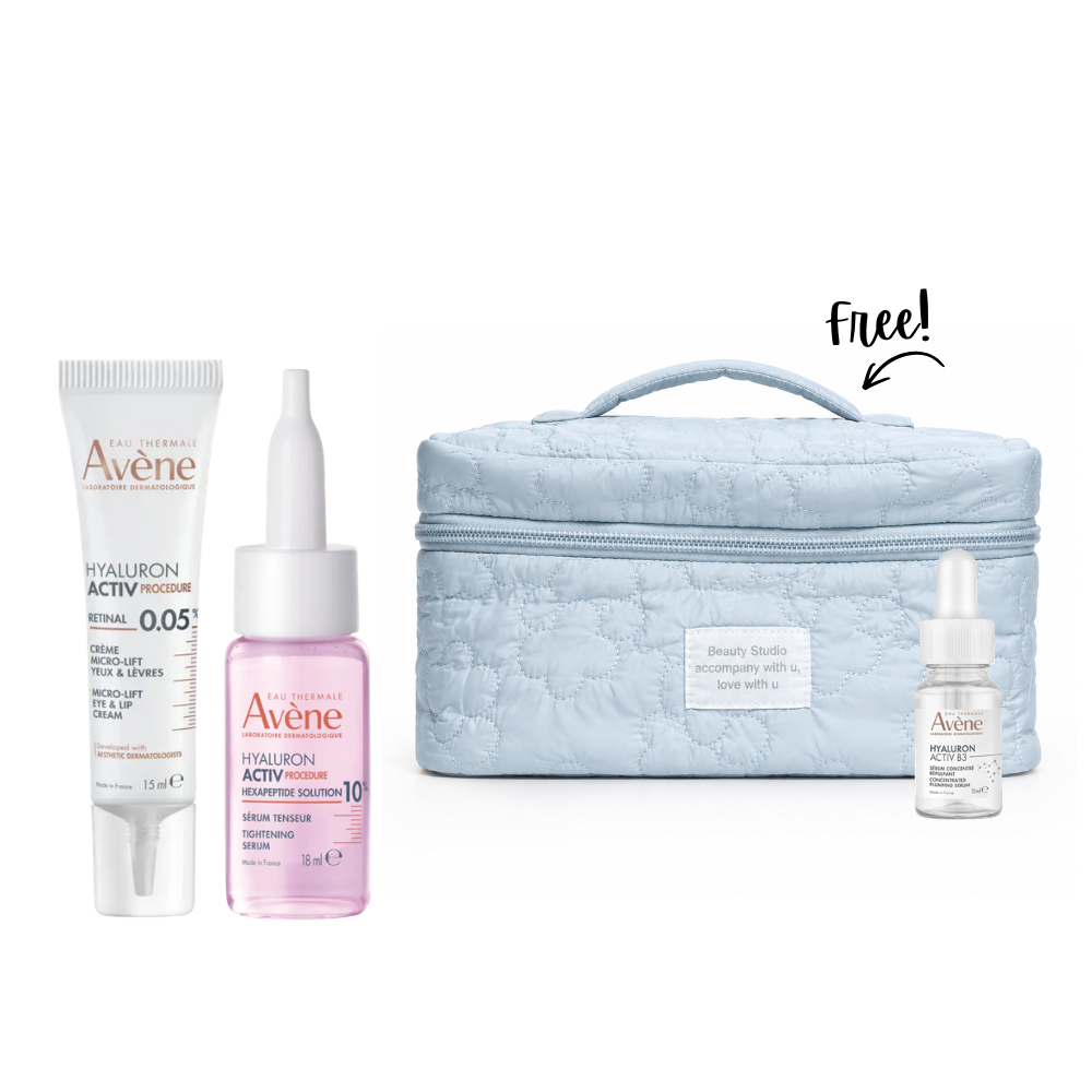 Hyaluron Activ Micro-Lift Eye & Lip Cream l 0.05% Retinal 3x more active than Retinol 15mL + Hyaluron Activ Firming Serum l 10% Hexapeptide Solution 18mL + Gift - Blue Makeup Pouch & Hyaluron Activ B3 Concentrated Plumping Serum 10 ML