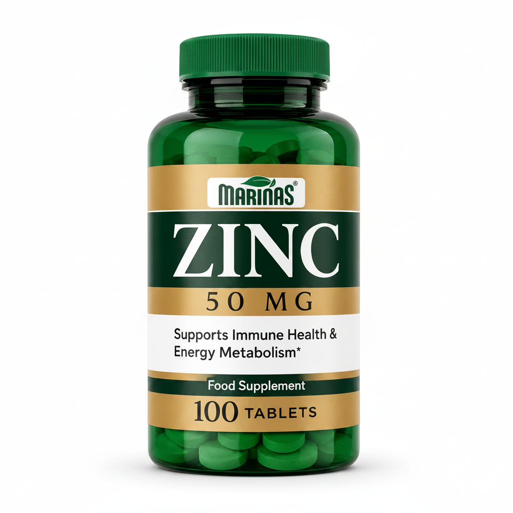 A green bottle of Marin's Zinc 50 MG food supplement, containing 100 tablets, shown on a solid white background.