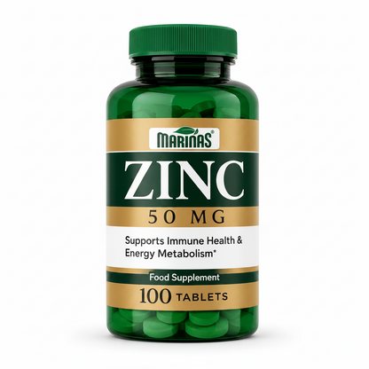 A green bottle of Marin's Zinc 50 MG food supplement, containing 100 tablets, shown on a solid white background.