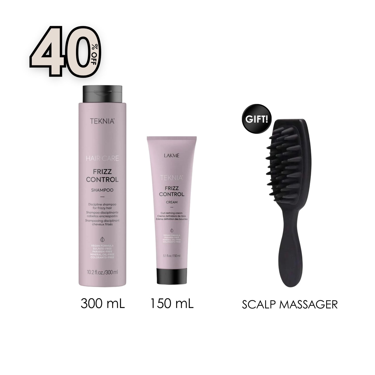 Teknia Frizz Control Shampoo 300 ML + Frizz Control Cream 150 ML + Free Gift Hand-Held Scalp Massager