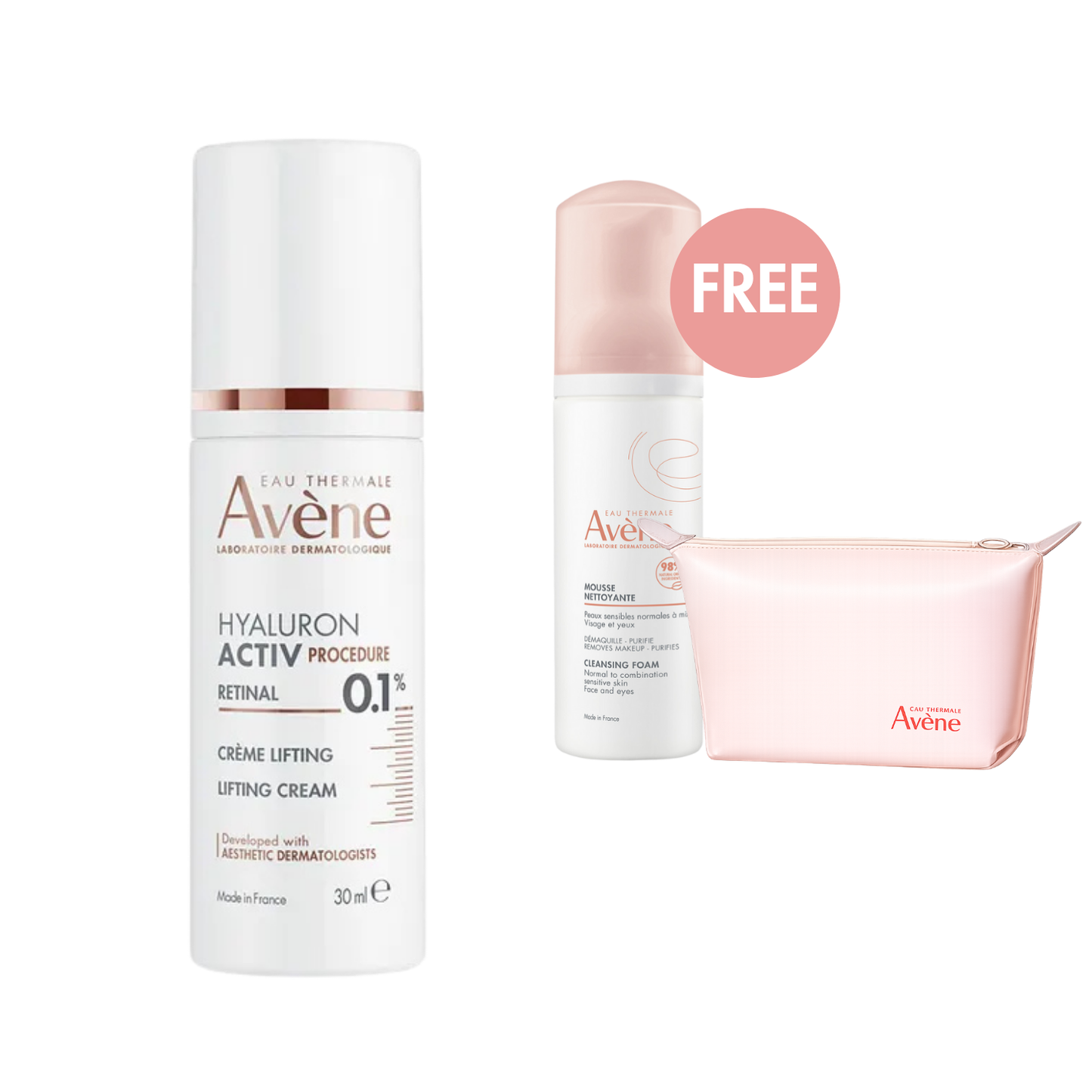 Avène Hyaluron Activ Procedure Retinal 0.1% Lifting Cream 30 ml Bundle + FREE Cleansing Foam & Toiletry Bag