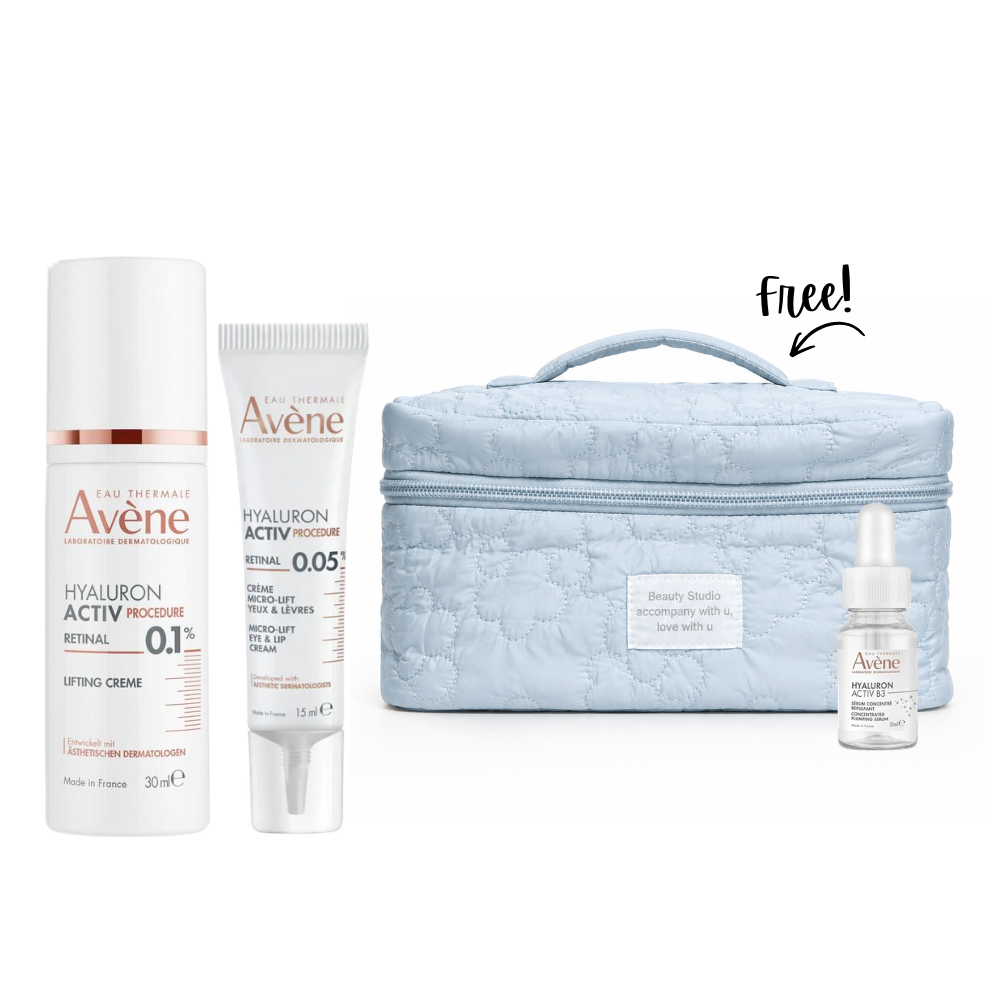 Hyaluron Activ Micro-Lift Eye & Lip Cream l 0.05% Retinal 3x more active than Retinol 15mL + Hyaluron Activ Procedure Retinal Lifting Cream - 0.1% Retinal + Gift - Blue Makeup Pouch & Hyaluron Activ B3 Concentrated Plumping Serum 10 ML