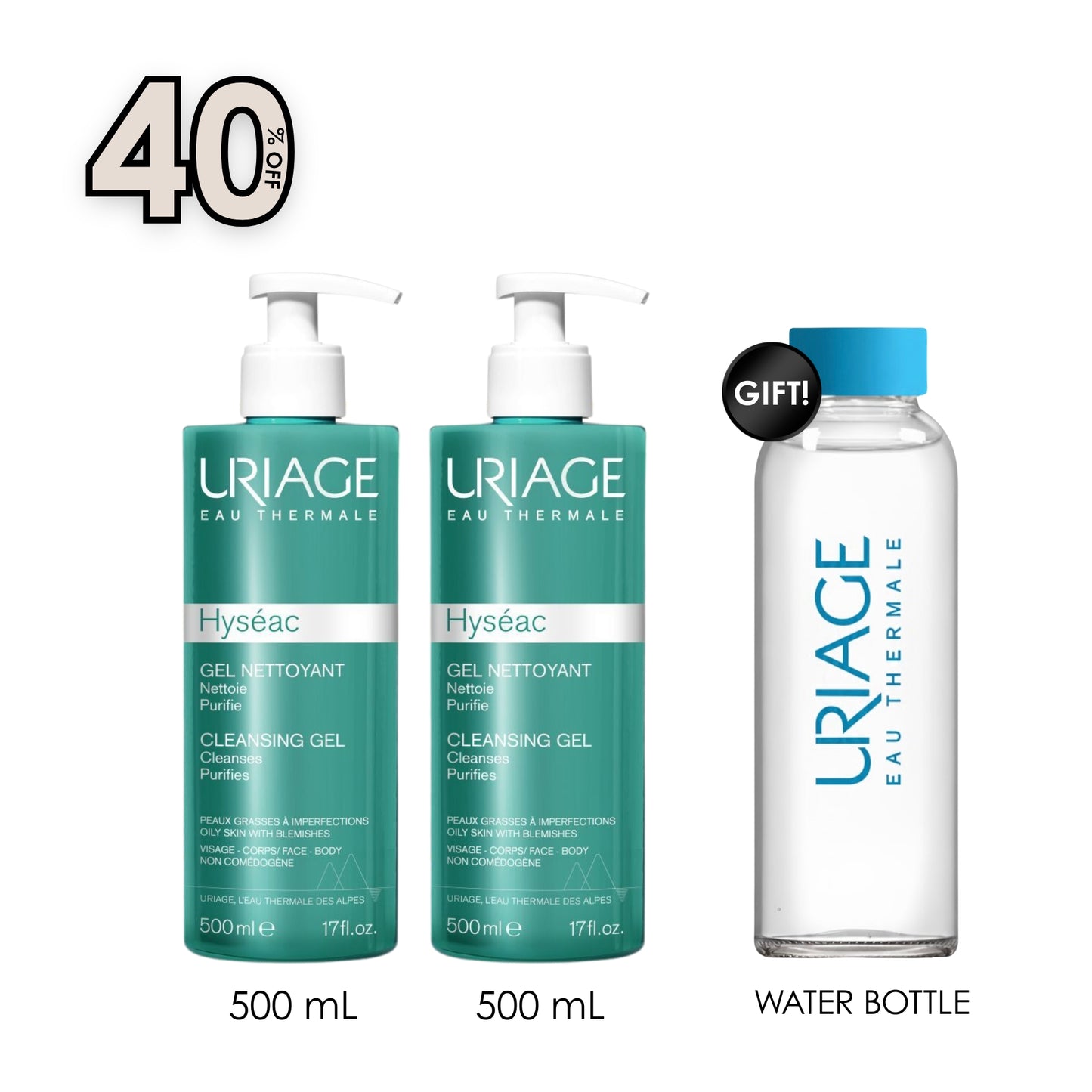 2x Hyséac Cleansing Gel 500 ML + Free  Stay Hydrated with this Chic Water Bottle